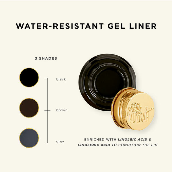 Open pot of The Ink Gel Eyeliner | Pretty Vulgar with gold lid next to color swatches in black, brown, and grey, highlighting water-resistant formula enriched with linoleic acid and linolenic acid.