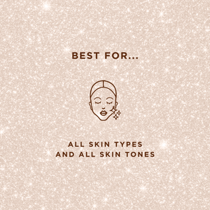 Glitter Dust | Pretty Vulgar on shimmering glitter background with text stating it is best for all skin types and all skin tones with an illustrated face icon.