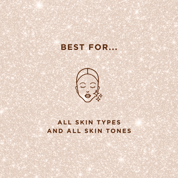 Glitter Dust | Pretty Vulgar on shimmering glitter background with text stating it is best for all skin types and all skin tones with an illustrated face icon.