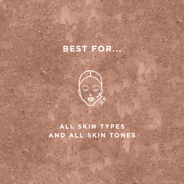 Text on a textured brown background reads best for all skin types and all skin tones above a simple white line drawing of a woman's face with sparkles on her cheek, promoting Uncaged Eyeshadow Primer | Pretty Vulgar.