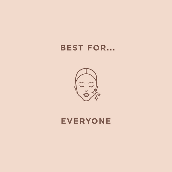 Minimalist beige background with brown text stating "Best for... Everyone" and a simple line drawing of a serene face with sparkles, promoting Defined Brilliance Dual Sided Eyebrow Pencil | Pretty Vulgar.