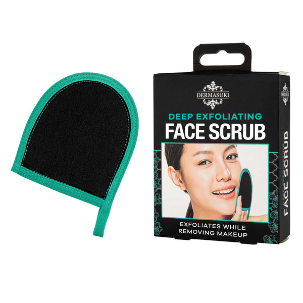Deep Exfoliating Face Mitt | Dermasuri shown alongside black and teal mitt packaging featuring a woman using the mitt for skincare and makeup removal.