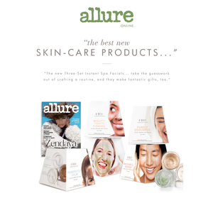 Layout featuring Allure magazine endorsement and packaging of Hydration Cascade® 3-step Instant Spa Facial | Farmhouse Fresh skincare products displayed with smiling faces.