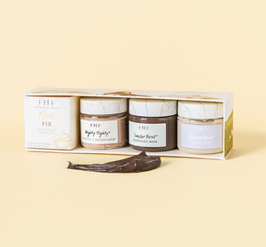 Fast Fix Face Mask Sampler | Farmhouse Fresh showing three skincare masks in jars with a creamy textured sample spread in front, highlighting wellness and body care products.