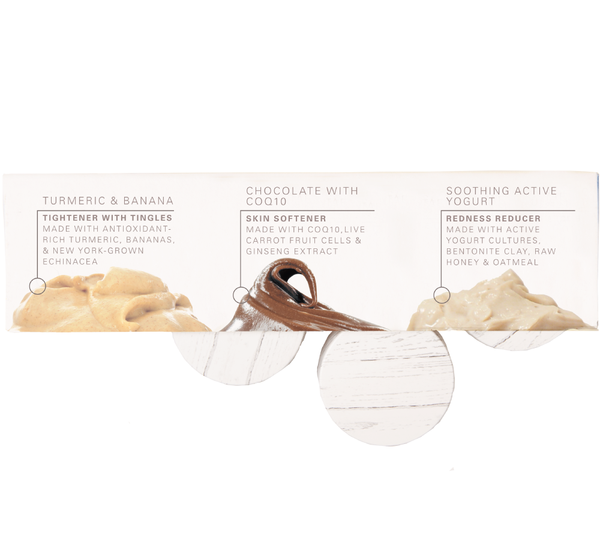 Fast Fix Face Mask Sampler | Farmhouse Fresh showing three face mask textures: turmeric and banana for tightening, chocolate with COQ10 for skin softening, and soothing active yogurt for redness reduction, highlighting natural skincare ingredients.