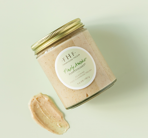 Jar of Finely Awake Plantfoliant Silkening Face Cleansing Polish | Farmhouse Fresh with creamy exfoliating polish swiped beside it on a pale green background.