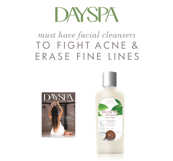 Bottle of Green Tea Milk Wash | Farmhouse Fresh facial cleanser with leaves illustration next to a DaySpa magazine cover promoting acne and fine line treatment skincare products