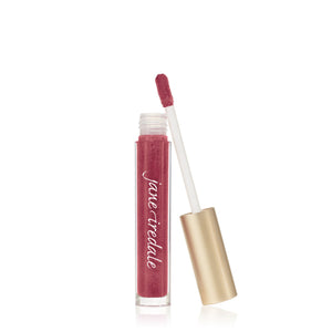Hydropure Hyaluronic Lip Gloss | Jane Iredale in a shimmery rose shade with an applicator wand beside the open gloss tube, showcasing a smooth texture.