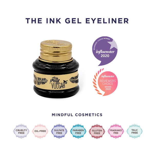 A small jar of The Ink Gel Eyeliner | Pretty Vulgar with gold accents, accompanied by award badges and icons highlighting its mindful cosmetic features like cruelty-free, oil-free, and fragrance-free.