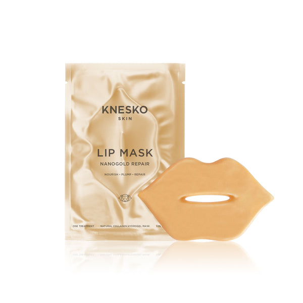 Nanogold Repair Discovery Kit | Knesko lip mask in gold color designed for nourishing, plumping, and repairing lips as part of a skincare routine.
