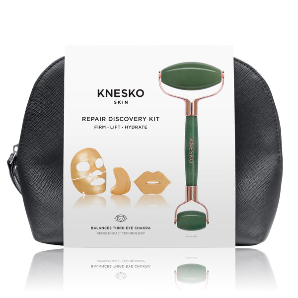 Nanogold Repair Discovery Kit | Knesko featuring a jade roller and facial tools displayed with a black travel pouch for skincare, body care, and wellness supplements.
