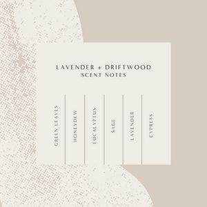 Scent notes for Lavender + Driftwood 10 oz Soy Candle | ROAM Homegrown featuring green leaves, honeydew, eucalyptus, sage, lavender, and cypress on a neutral textured background.