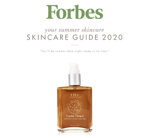 Forbes skincare guide 2020 featuring Lustre Drench® Instant Glow Dry Oil | Farmhouse Fresh in a clear pump bottle with shimmering golden oil inside, promoting summer skincare glow.