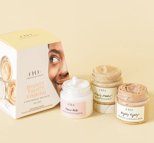 Mighty Tighty® Firming 3-step Instant Spa Facial | Farmhouse Fresh skincare set with Three Milk Moisturizer, Finely Awaken Plant Exfoliant, and Mighty Tighty Turmeric & Banana Mask in jars and packaging.