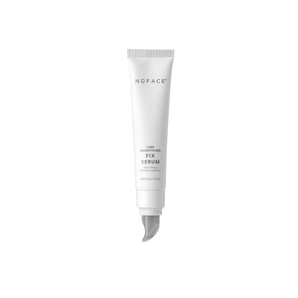 White tube of NuFACE FIX® Serum | NuFACE with a curved applicator tip designed for targeted skincare application to smooth fine lines.