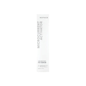 White rectangular box packaging of NuFACE FIX® Serum | NuFACE featuring minimalist design and labeled as Microcurrent Activator for line smoothing skincare.