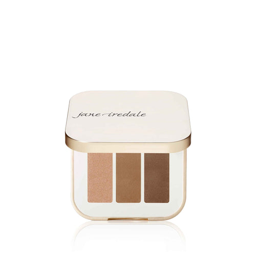 Compact eyeshadow palette with three neutral brown shades in a sleek case featuring the Purepressed Eye Shadow Triple | Jane Iredale logo on top.