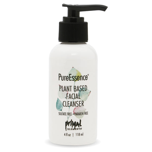 Bottle of Plant Based Facial Cleanser | Primal Elements with a black pump dispenser, promoting sulfate-free and paraben-free natural skincare for gentle facial cleansing.