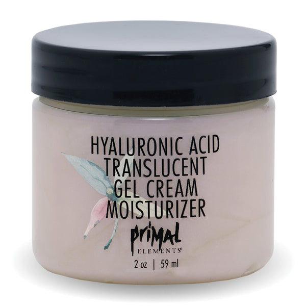 Hyaluronic Acid Translucent Gel Cream Moisturizer | Primal Elements in a clear jar with black lid, featuring skincare gel cream moisturizer for hydration and wellness.