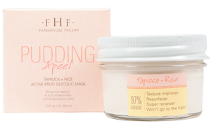 Pudding Apeel® Tapioca + Rice Active Fruit Glycolic Mask | FarmHouse Fresh in a glass jar with white lid alongside its soft pink box, highlighting natural skincare benefits and texture improvement.