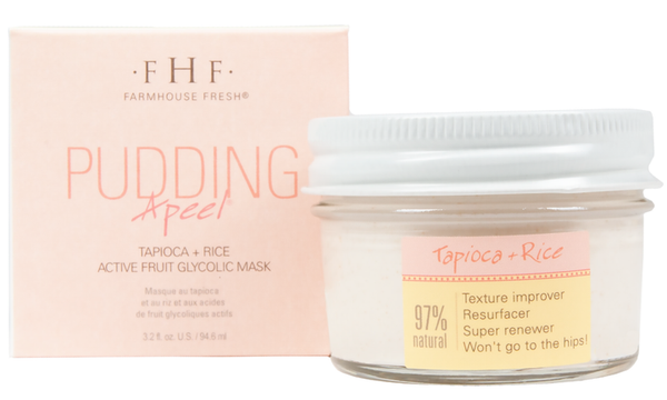 Pudding Apeel® Tapioca + Rice Active Fruit Glycolic Mask | FarmHouse Fresh in a glass jar with white lid alongside its soft pink box, highlighting natural skincare benefits and texture improvement.