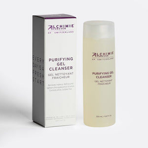 Purifying Gel Cleanser | Alchimie Forever skincare product in a translucent bottle alongside its white and purple branded packaging box for facial cleansing and pore refinement.