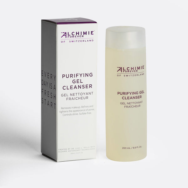 Purifying Gel Cleanser | Alchimie Forever skincare product in a translucent bottle alongside its white and purple branded packaging box for facial cleansing and pore refinement.
