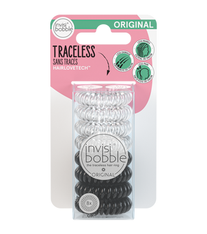 ORIGINAL Value Pack 8 pc | invisibobble traceless hair rings in black and clear packaging designed to prevent hair damage, marks, and tangles with HAIRLOVETECH technology.