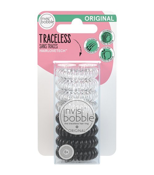 ORIGINAL Value Pack 8 pc | invisibobble traceless hair rings in black and clear packaging designed to prevent hair damage, marks, and tangles with HAIRLOVETECH technology.