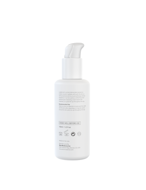 White pump bottle with detailed product usage instructions and care information, containing Refreshment Spritz | Skin Moderne skincare product for hydration and skin renewal.