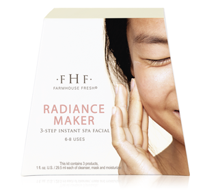 Packaging of Radiance Maker 3-step Instant Spa Facial | Farmhouse Fresh featuring a close-up of a smiling person gently touching their face, highlighting skincare and wellness.