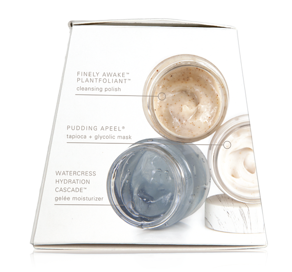 Top view of three open skincare jars showing a finely awake plantfollant cleansing polish, pudding apeel tapioca and glycolic mask, and watercress hydration cascade gelée moisturizer from the Radiance Maker 3-step Instant Spa Facial | Farmhouse Fresh kit.