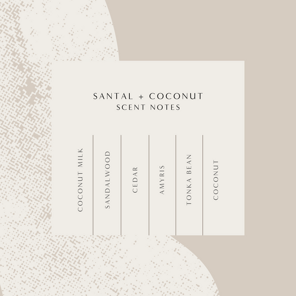 Santal + Coconut 10 oz Candle | ROAM Homegrown scent notes displayed on a beige background with coconut milk, sandalwood, cedar, amyris, tonka bean, and coconut.