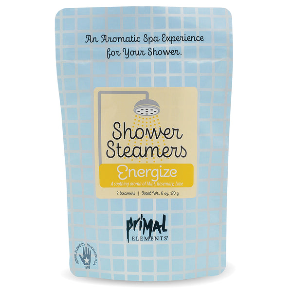 Packaging of Energize Shower Steamer | Primal Elements featuring a blue checkered design promoting an aromatic spa shower experience with eucalyptus, mint, rosemary, and lime scents.