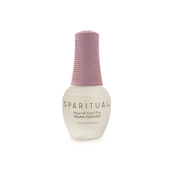 Bottle of Nourish Fast Dry Vegan Topcoat | Sparitual with a light pink textured cap and frosted glass body designed for quick-drying nail care.