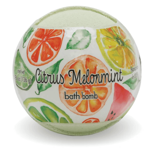Citrus Melon Mint Bath Bomb | Primal Elements with colorful citrus and melon illustrations on a round bath bomb, promoting refreshing skincare and body care wellness.