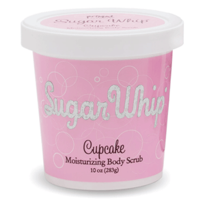 Container of Cupcake Sugar Whip Body Scrub 10 oz | Primal Elements in pink packaging designed for moisturizing skincare and body care.