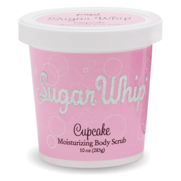 Container of Cupcake Sugar Whip Body Scrub 10 oz | Primal Elements in pink packaging designed for moisturizing skincare and body care.