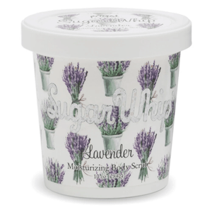Container of Lavender Sugar Whip Body Scrub 10 oz | Primal Elements with illustrated lavender bouquets on the label, designed for skincare and body care.