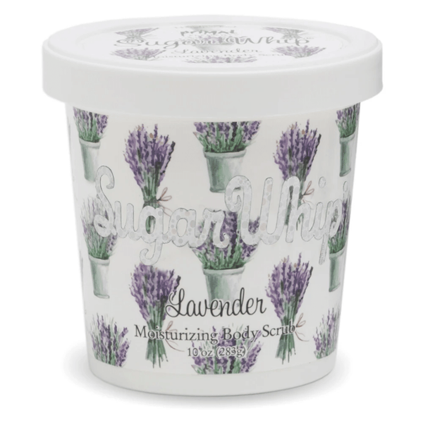 Container of Lavender Sugar Whip Body Scrub 10 oz | Primal Elements with illustrated lavender bouquets on the label, designed for skincare and body care.