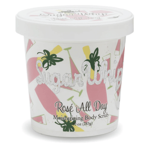 Container of Rose All Day Sugar Whip Body Scrub 10 oz | Primal Elements with a white lid and decorative pink and green design, used for moisturizing skincare and body care.