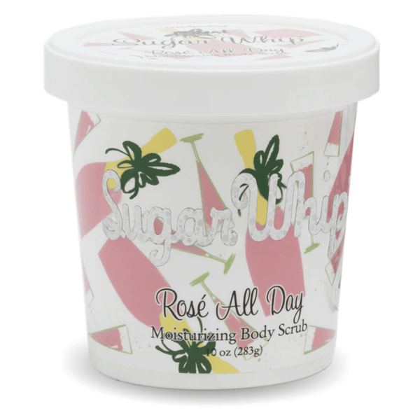 Container of Rose All Day Sugar Whip Body Scrub 10 oz | Primal Elements with a white lid and decorative pink and green design, used for moisturizing skincare and body care.