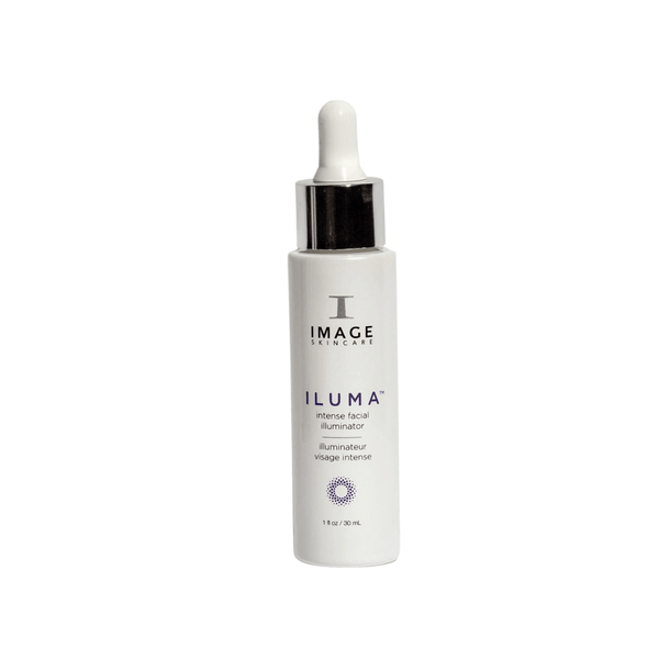 White dropper bottle of ILUMA intense facial illuminator | IMAGE Skincare designed for skincare, promoting radiant, glowing skin and facial wellness.
