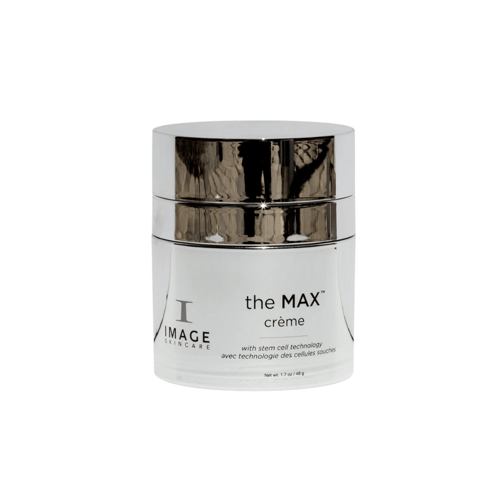 Jar of the MAX™ crème | IMAGE Skincare with reflective silver lid and white body, designed for advanced skincare using stem cell technology.
