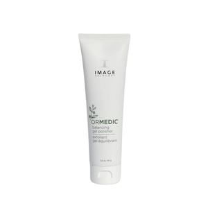 Tube of ORMEDIC balancing gel polisher | IMAGE Skincare exfoliant with a white minimalist design, featuring green leaf graphics for skincare and wellness.