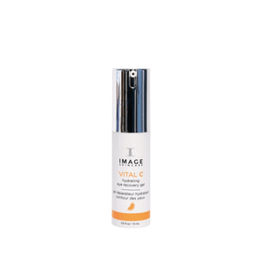 Bottle of VITAL C hydrating eye recovery gel | IMAGE Skincare with a white body and metallic silver pump dispenser, designed for skincare and eye hydration.