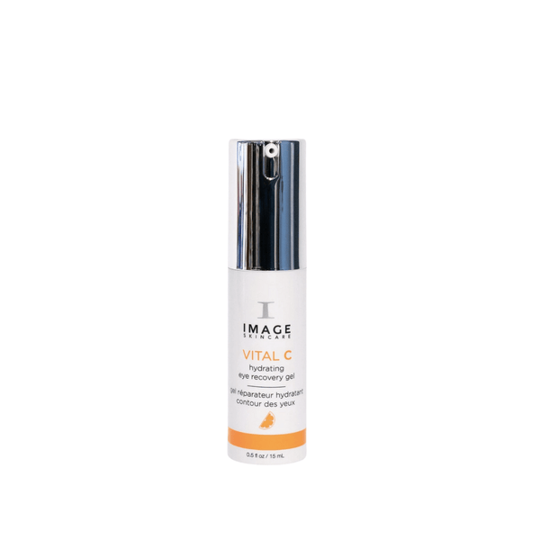 Bottle of VITAL C hydrating eye recovery gel | IMAGE Skincare with a white body and metallic silver pump dispenser, designed for skincare and eye hydration.
