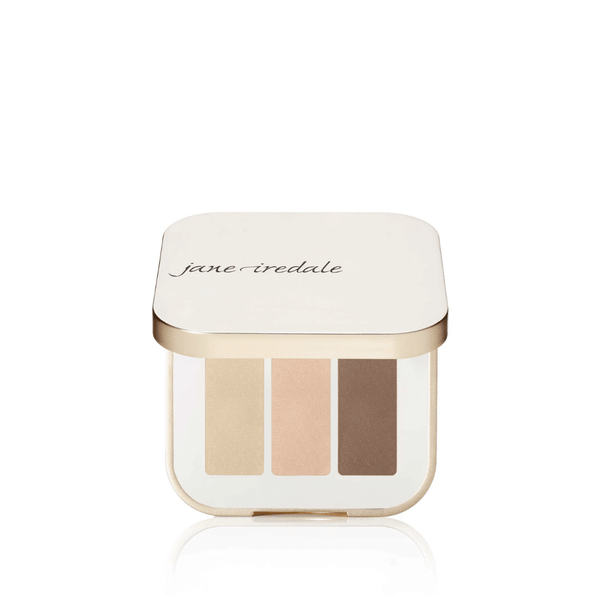Compact palette with three neutral matte shades for versatile eye looks in Purepressed Eye Shadow Triple | Jane Iredale, featuring soft beige, warm taupe, and deep brown colors.