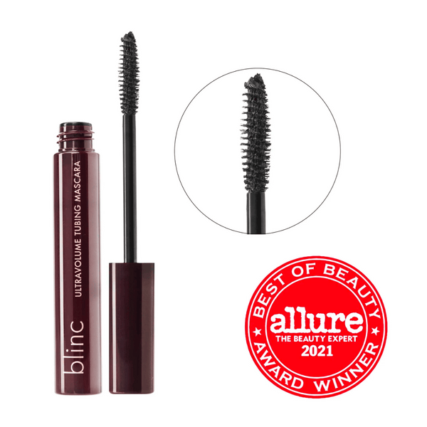 UltraVolume Tubing Mascara - Black | Blinc with curved brush showing bristles designed for volumizing lashes, alongside an Allure Best of Beauty Award 2021 badge.