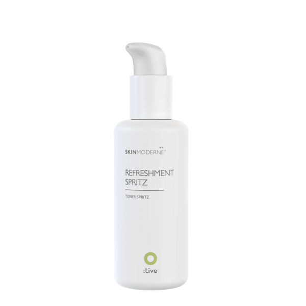 White pump bottle of Refreshment Spritz | Skin Moderne skincare toner spritz designed for daily hydration and revitalizing body care routines.